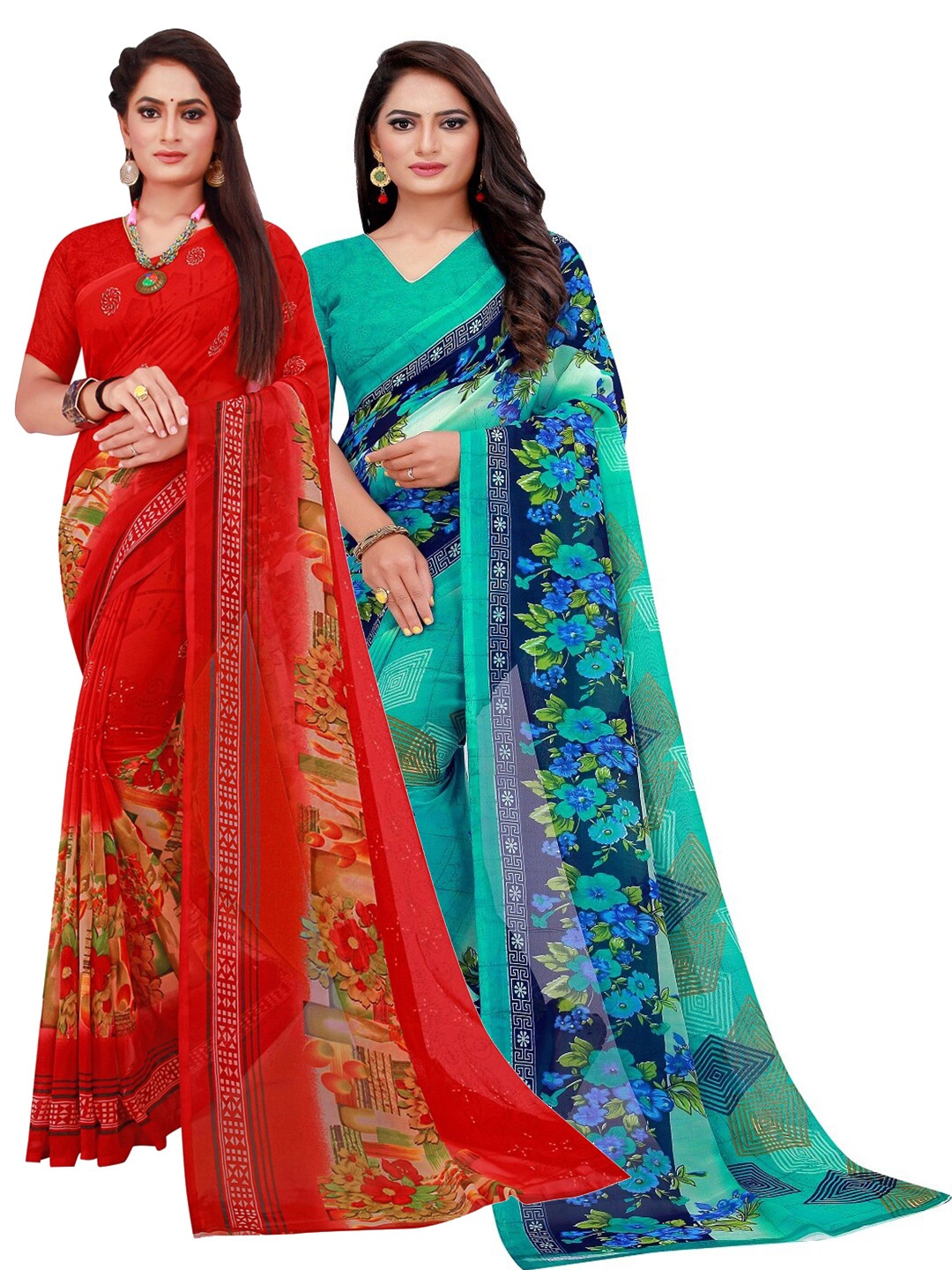 

Silk Bazar Pack Of 2 Red & Turquoise Blue Pure Georgette Saree