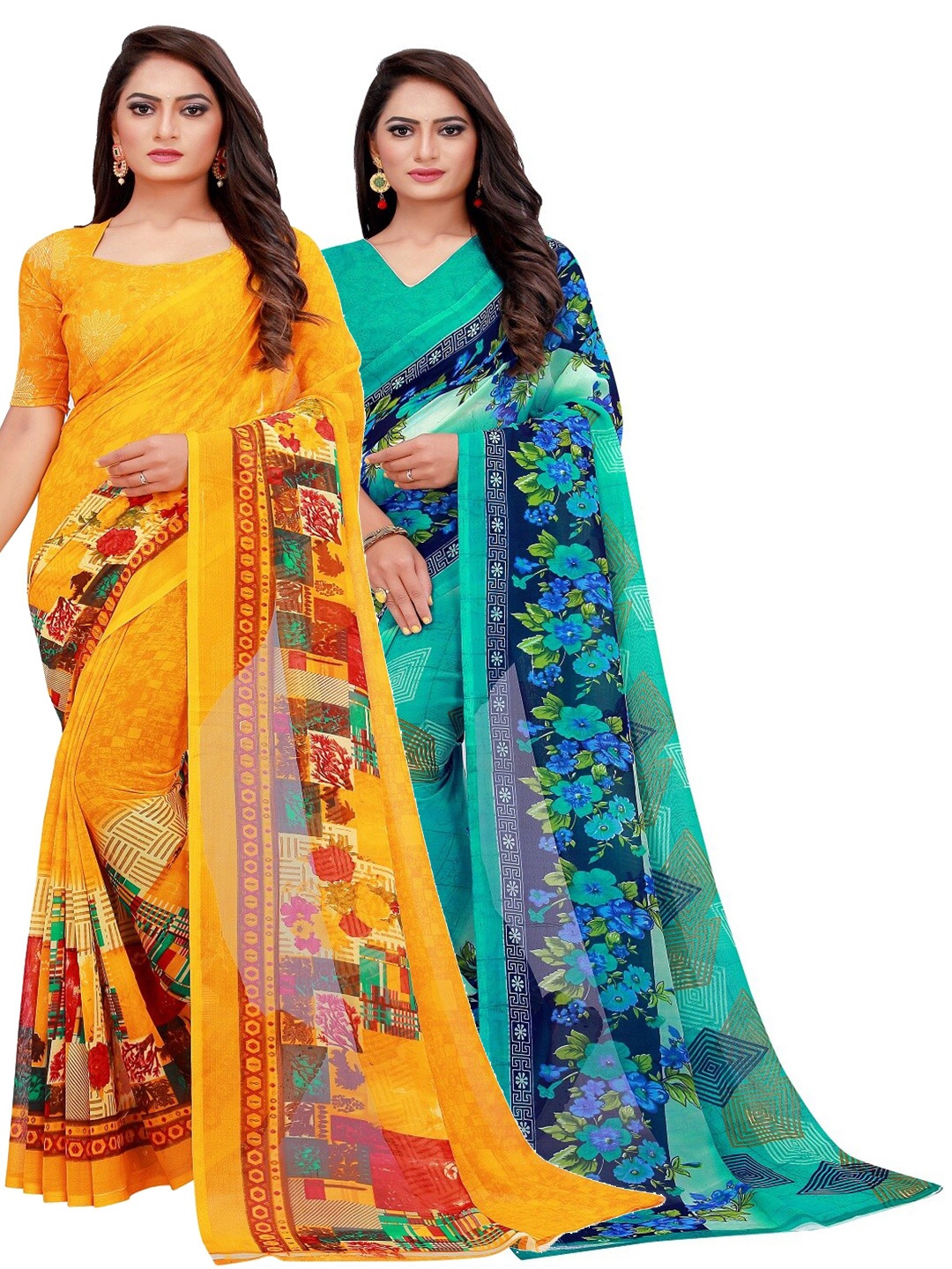 

Silk Bazar Pack Of 2 Turquoise Blue & Yellow Pure Georgette Saree