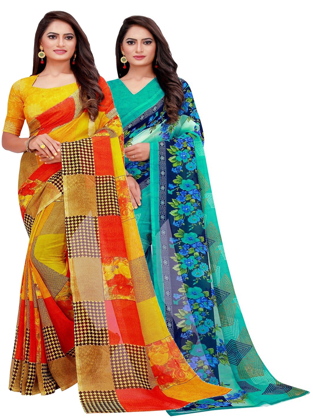 

Silk Bazar Pack Of 2 Yellow & Turquoise Blue Pure Georgette Saree