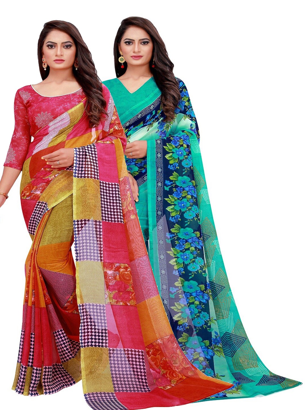 

Silk Bazar Pack Of 2 Red & Turquoise Blue Floral Pure Georgette Saree