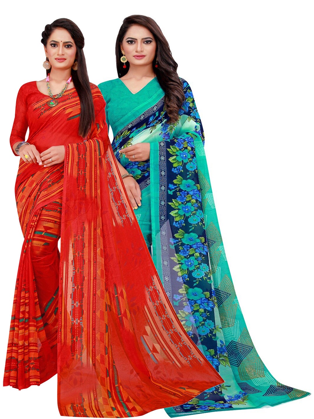 

Silk Bazar Pack Of 2 Turquoise Blue & Red Floral Pure Georgette Saree