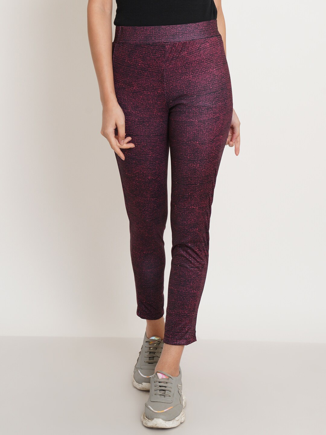 

IX IMPRESSION Women Maroon & Black Printed Slim-Fit Track Pants