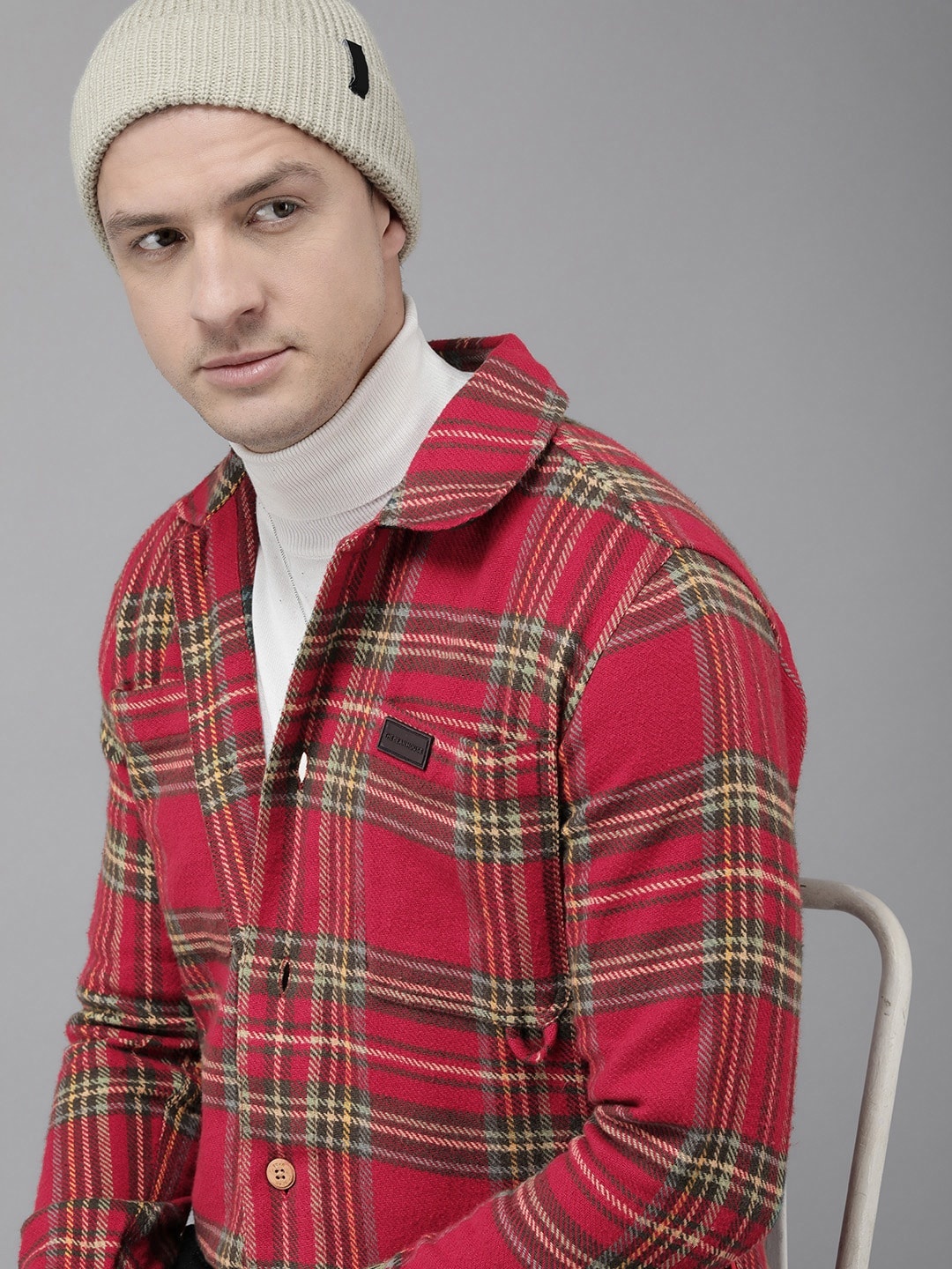 

THE BEAR HOUSE Men Checked Heavy Flannel Cotton Shacket, Maroon
