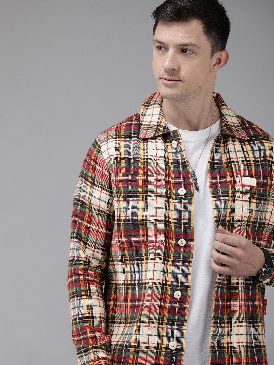 

THE BEAR HOUSE Men Tartan Checked Heavy Flannel Cotton Shacket, Beige