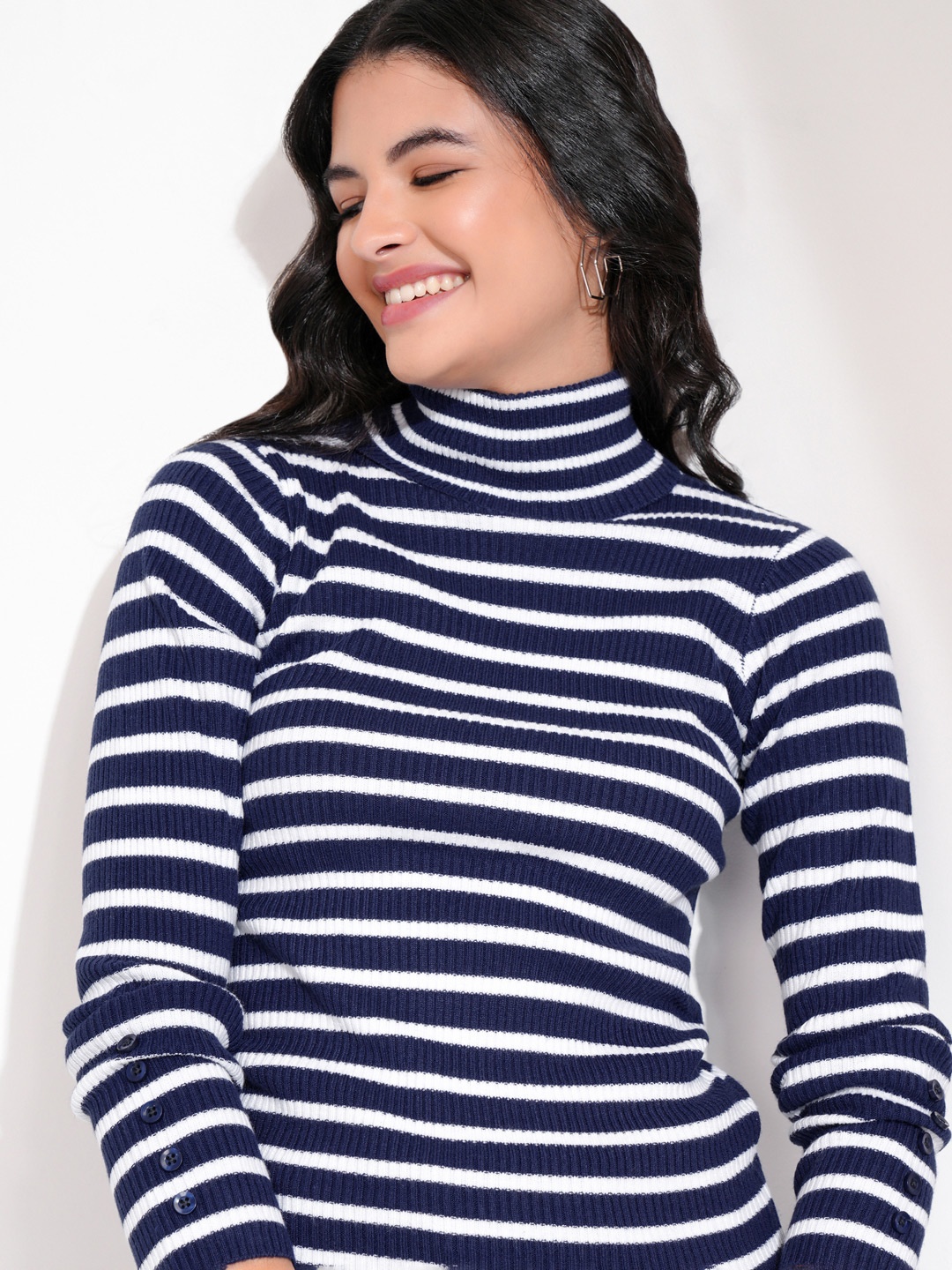 

Tokyo Talkies Women Navy Blue & White Striped Acrylic Pullover