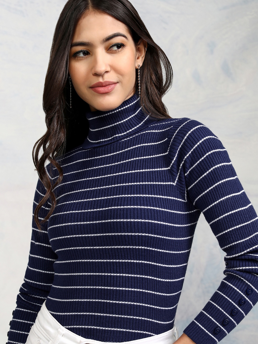 

Tokyo Talkies Women Navy Blue & White Striped Acrylic Pullover