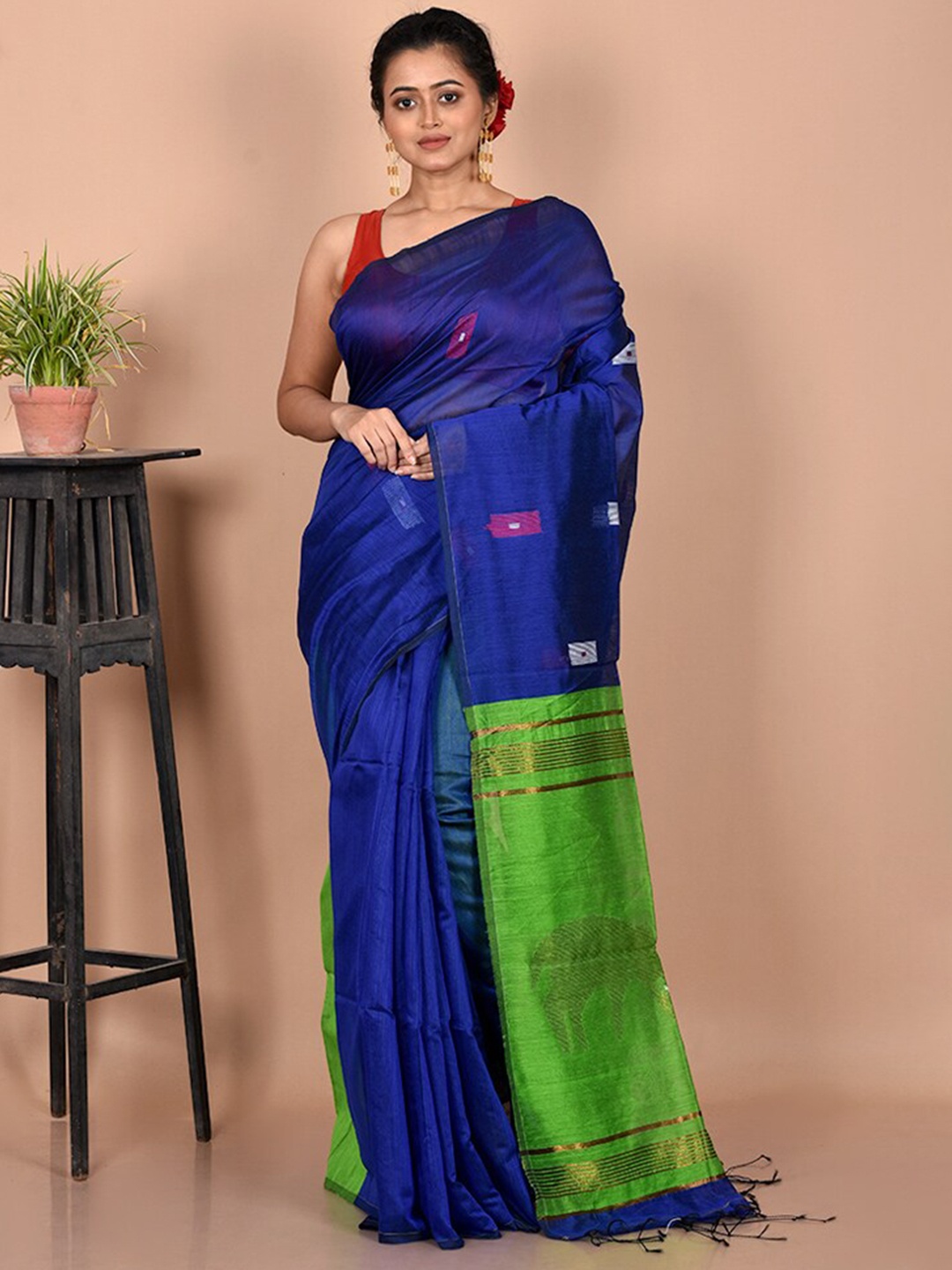 

AllSilks Blue & Green Zari Silk Cotton Ready to Wear Saree