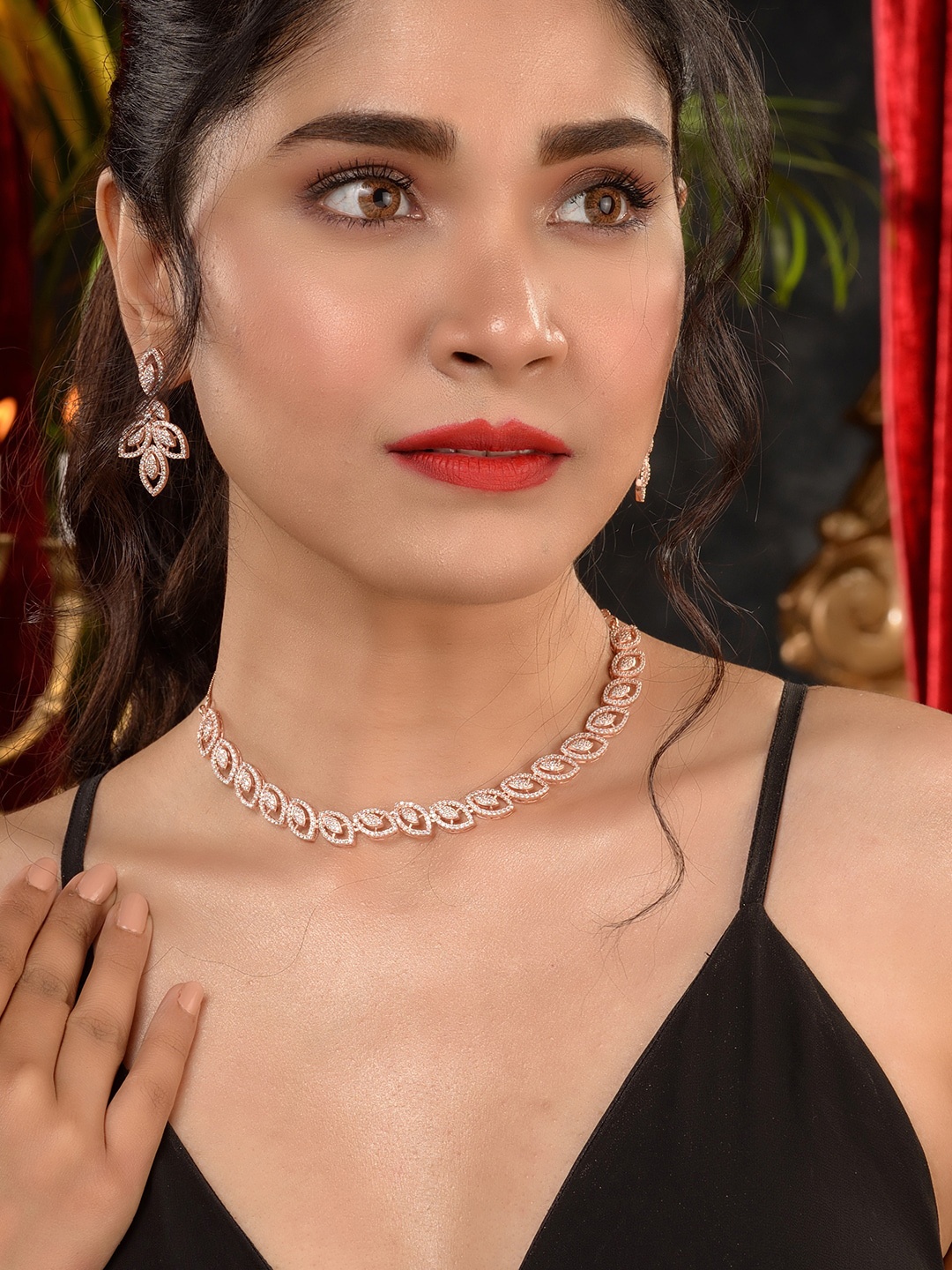 

Saraf RS Jewellery Rose Gold Plated White CZ Studded Jewellery Set