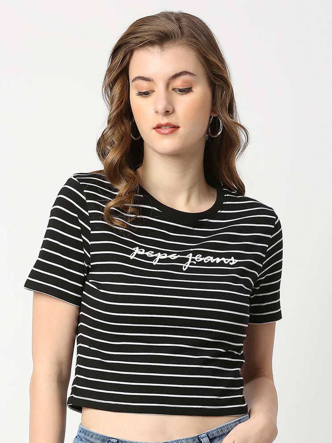 

Pepe Jeans Women Black Striped Cotton T-shirt