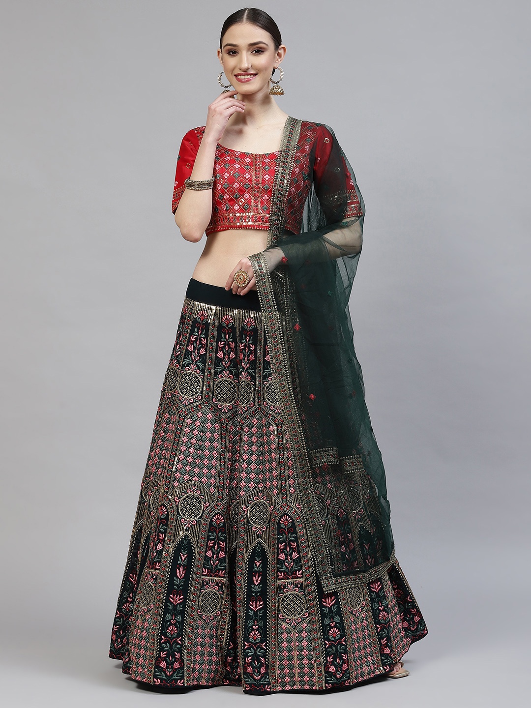 

SHUBHKALA Green & Red Embroidered Sequinned Semi-Stitched Lehenga & Blouse With Dupatta