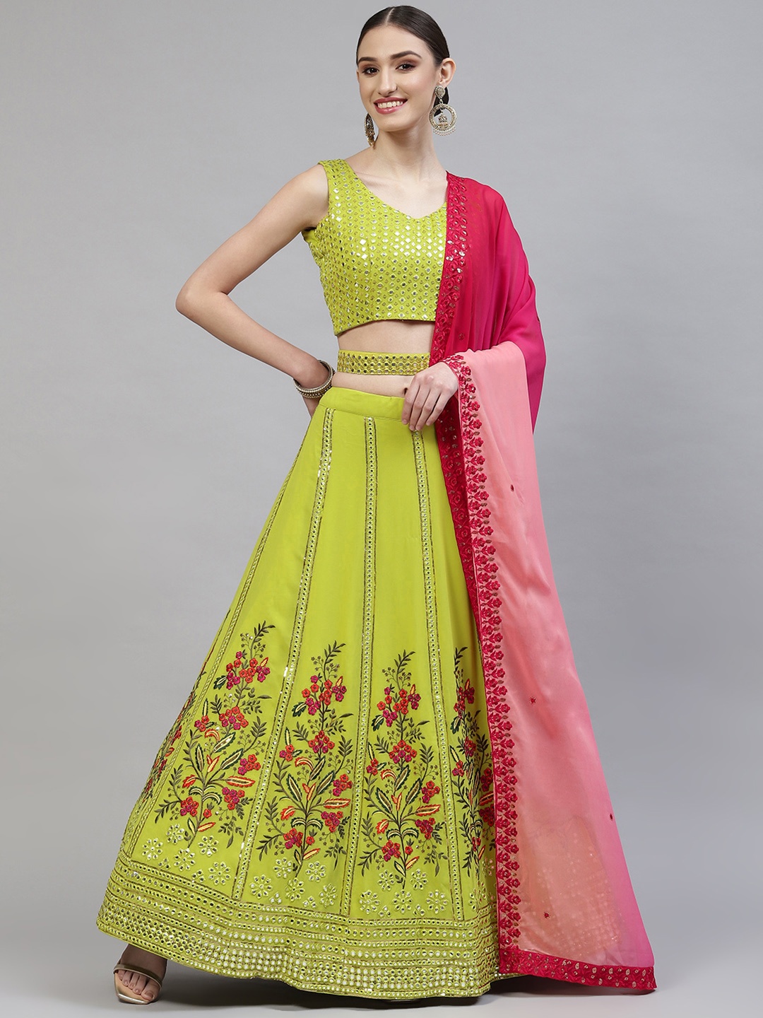 

SHUBHKALA Lime Green Embroidered Semi-Stitched Lehenga & Blouse With Dupatta