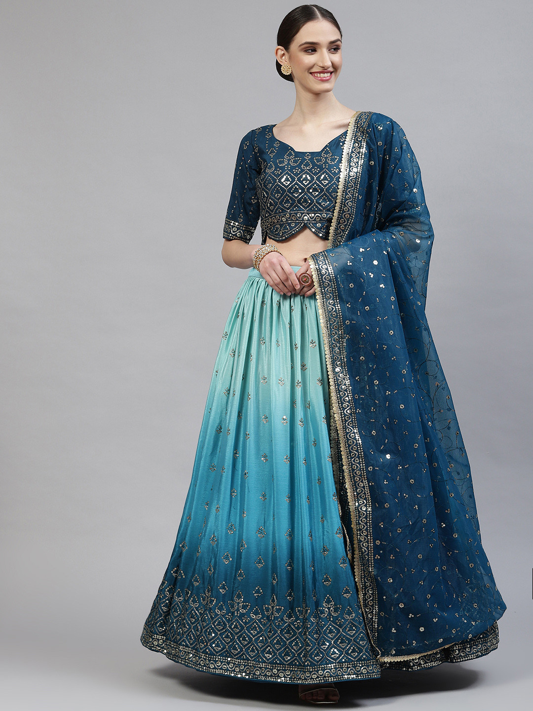 

SHUBHKALA Teal Blue Embroidered Semi-Stitched Lehenga & Blouse With Dupatta