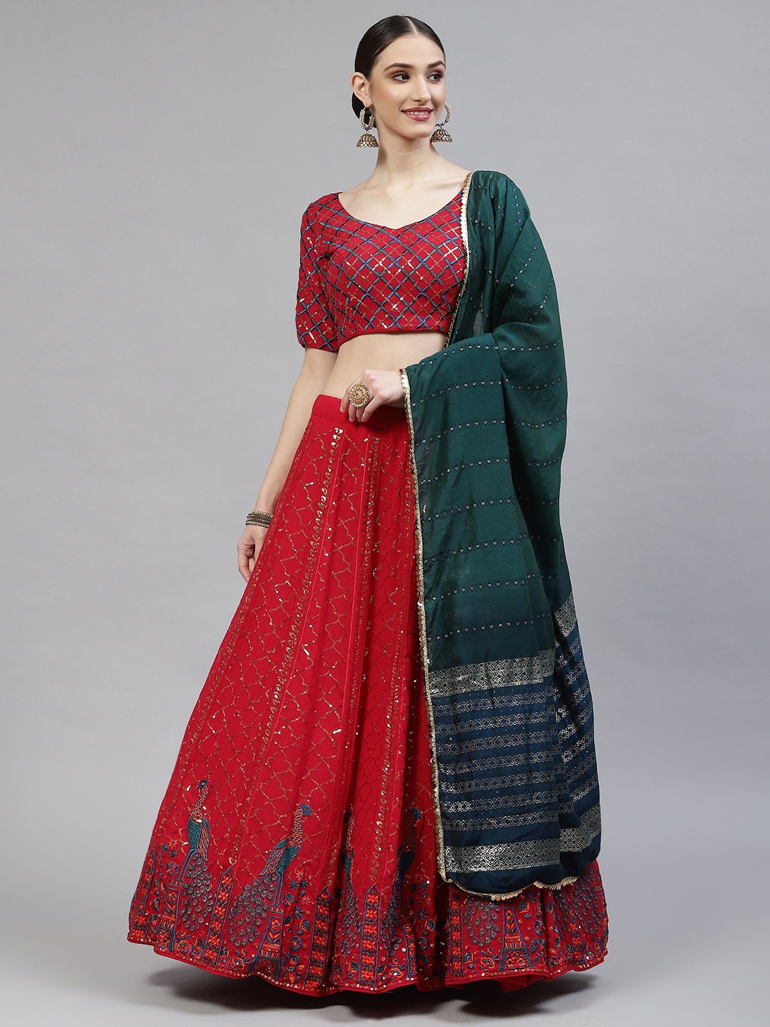 

SHUBHKALA Red & Teal Green Embroidered Semi-Stitched Lehenga & Blouse With Dupatta