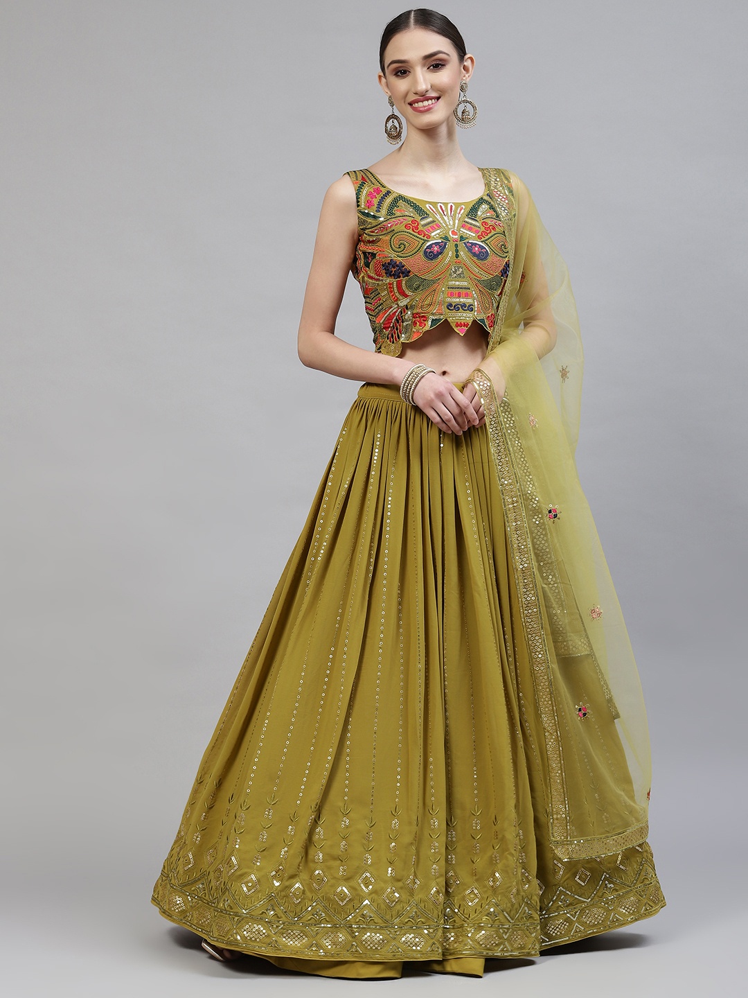 

SHUBHKALA Mustard Green Embroidered Semi-Stitched Lehenga & Blouse With Dupatta