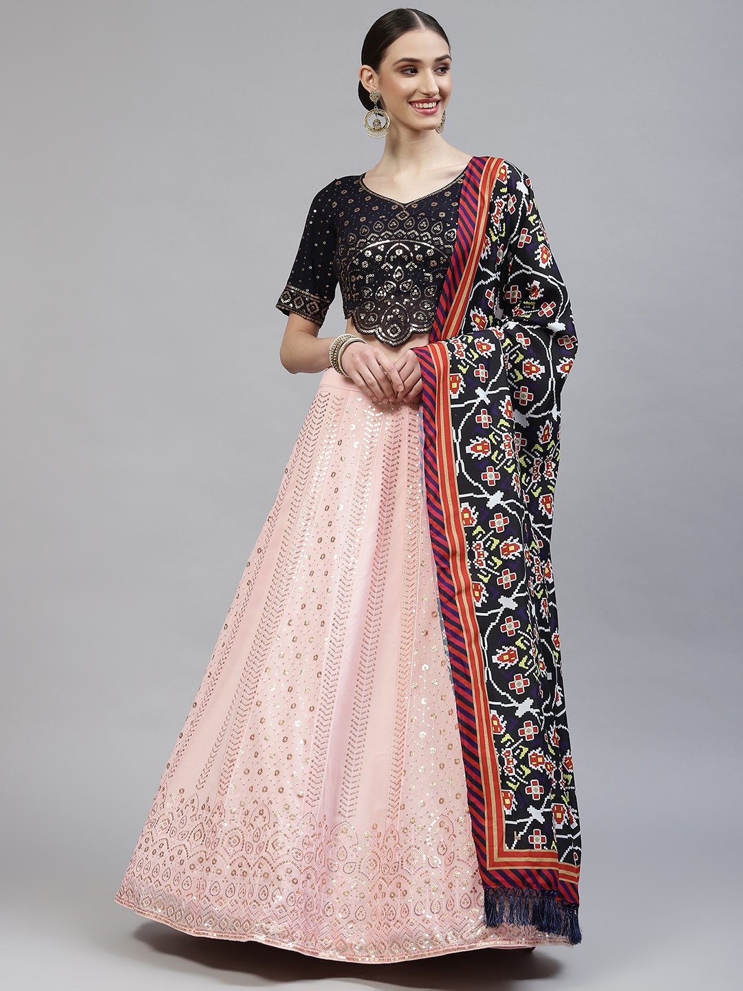 

SHUBHKALA Pink & Navy Blue Embroidered Semi-Stitched Lehenga & Blouse With Dupatta