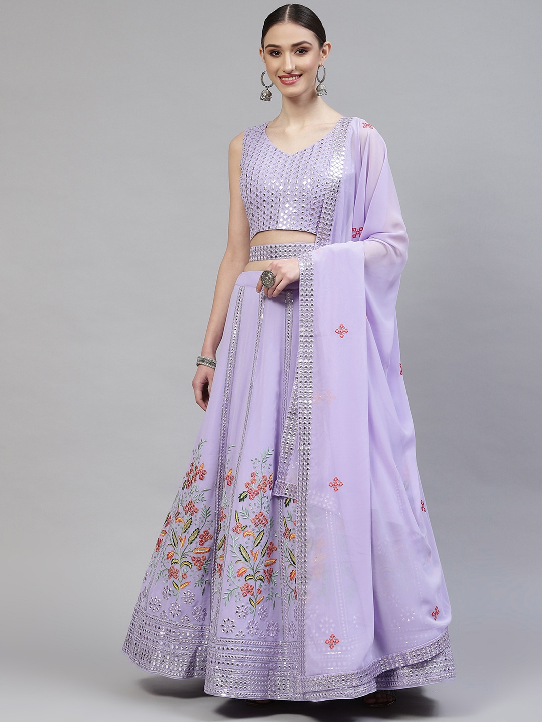 

SHUBHKALA Lavender Embroidered Semi-Stitched Lehenga & Blouse With Dupatta