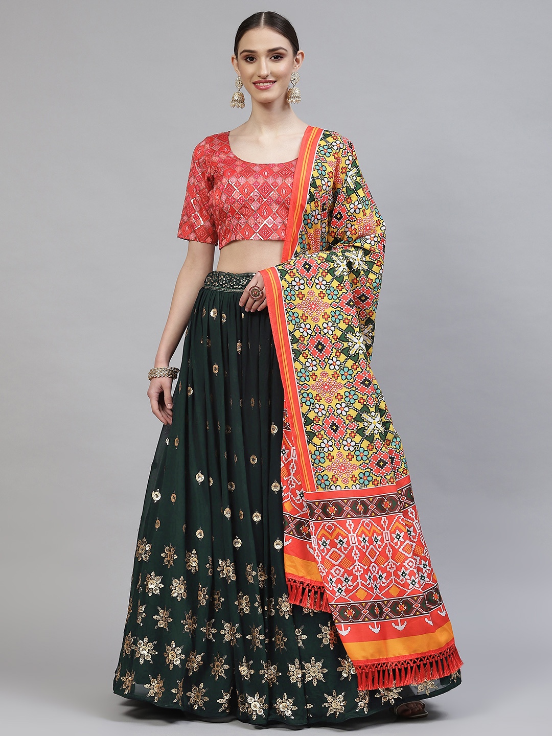 

SHUBHKALA Green & Coral Red Embroidered Semi-Stitched Lehenga & Blouse With Dupatta