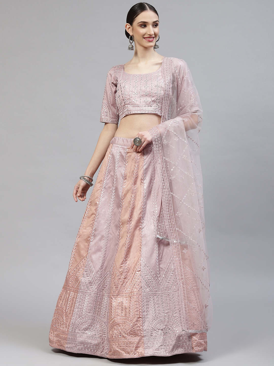 

SHUBHKALA Dusty Pink Embroidered Semi-Stitched Lehenga & Blouse With Dupatta, Rose