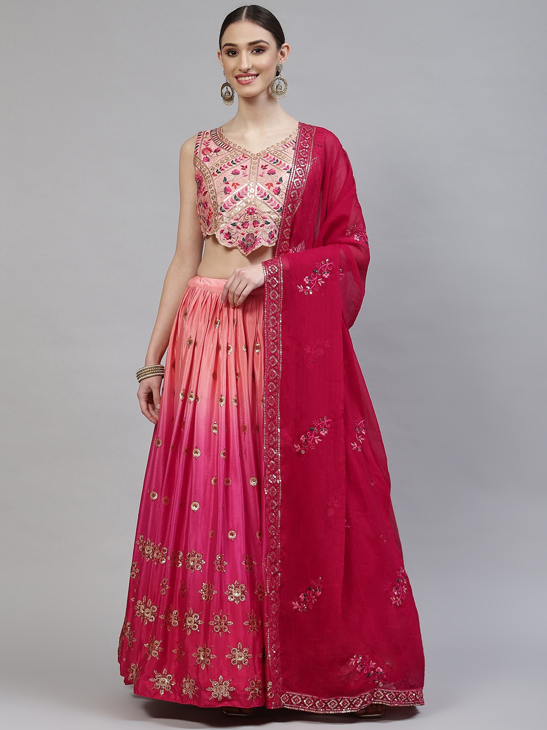 

SHUBHKALA Coral Pink Embroidered Semi-Stitched Lehenga & Blouse With Dupatta