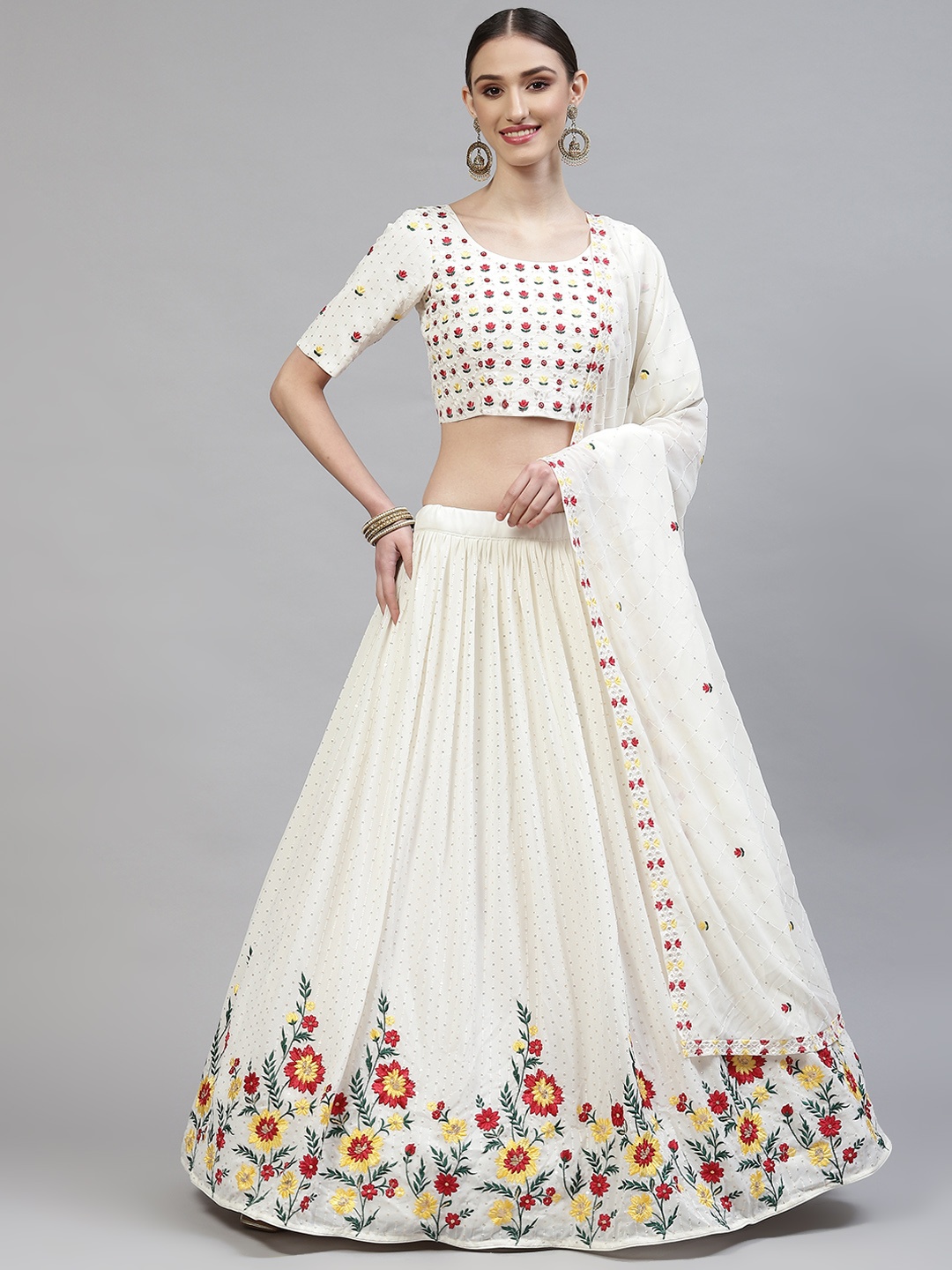 

SHUBHKALA White Embroidered Semi-Stitched Lehenga & Blouse With Dupatta
