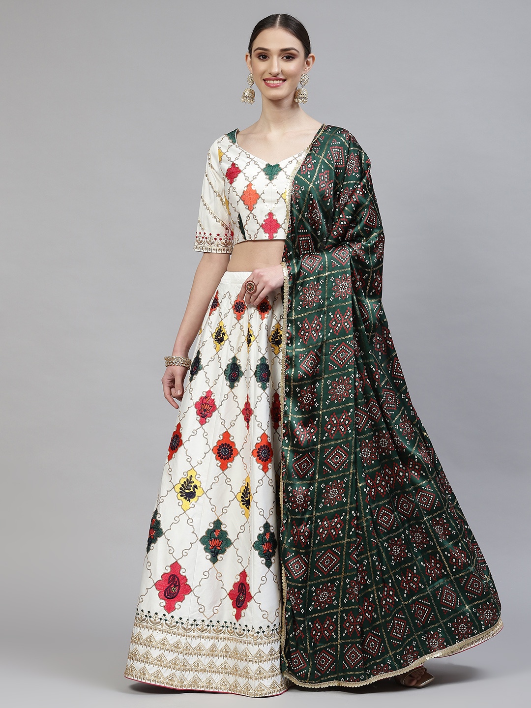 

SHUBHKALA White Embroidered Semi-Stitched Lehenga & Blouse With Dupatta