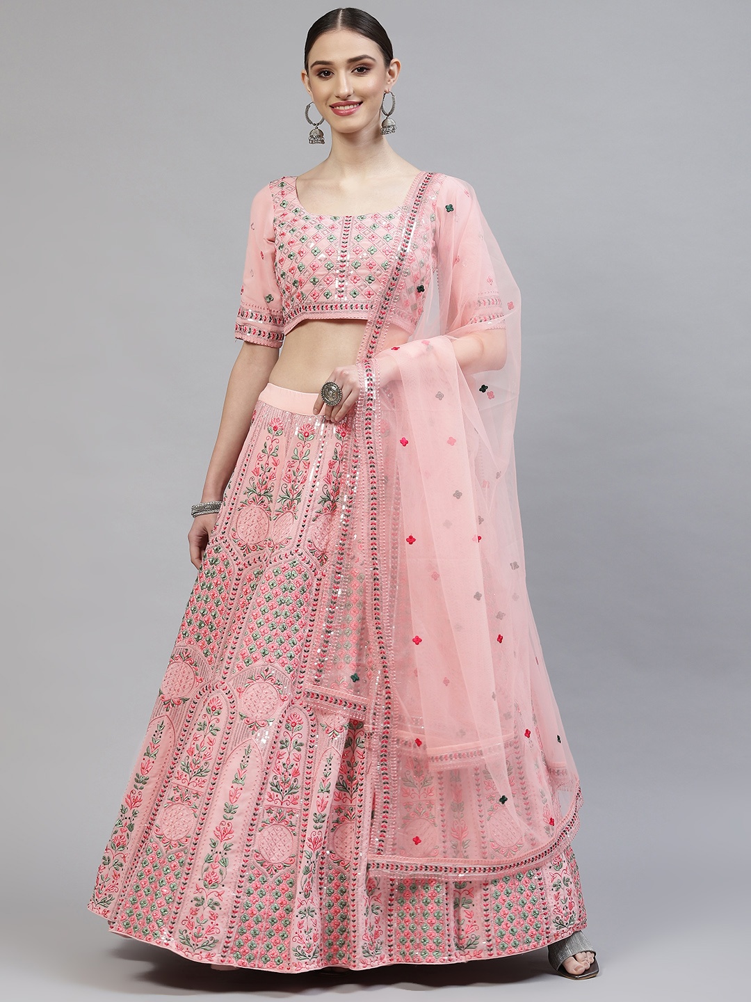 

SHUBHKALA Dusty Pink Embroidered Semi-Stitched Lehenga & Blouse With Dupatta