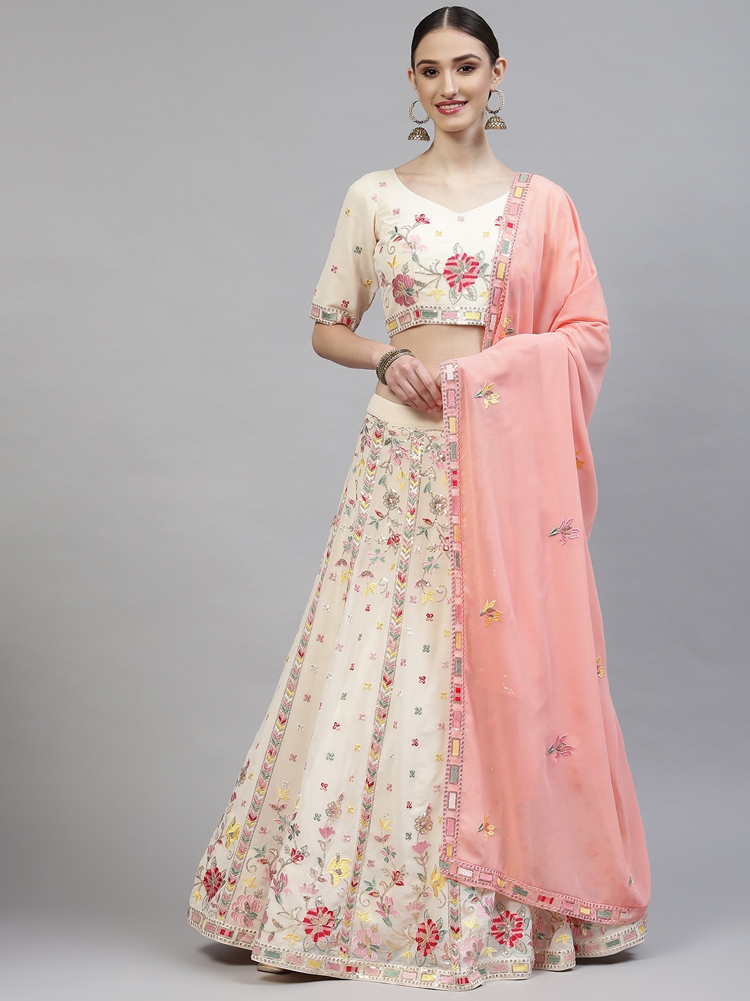 

SHUBHKALA Beige & Pink Embroidered Thread Work Semi-Stitched Lehenga & Blouse With Dupatta