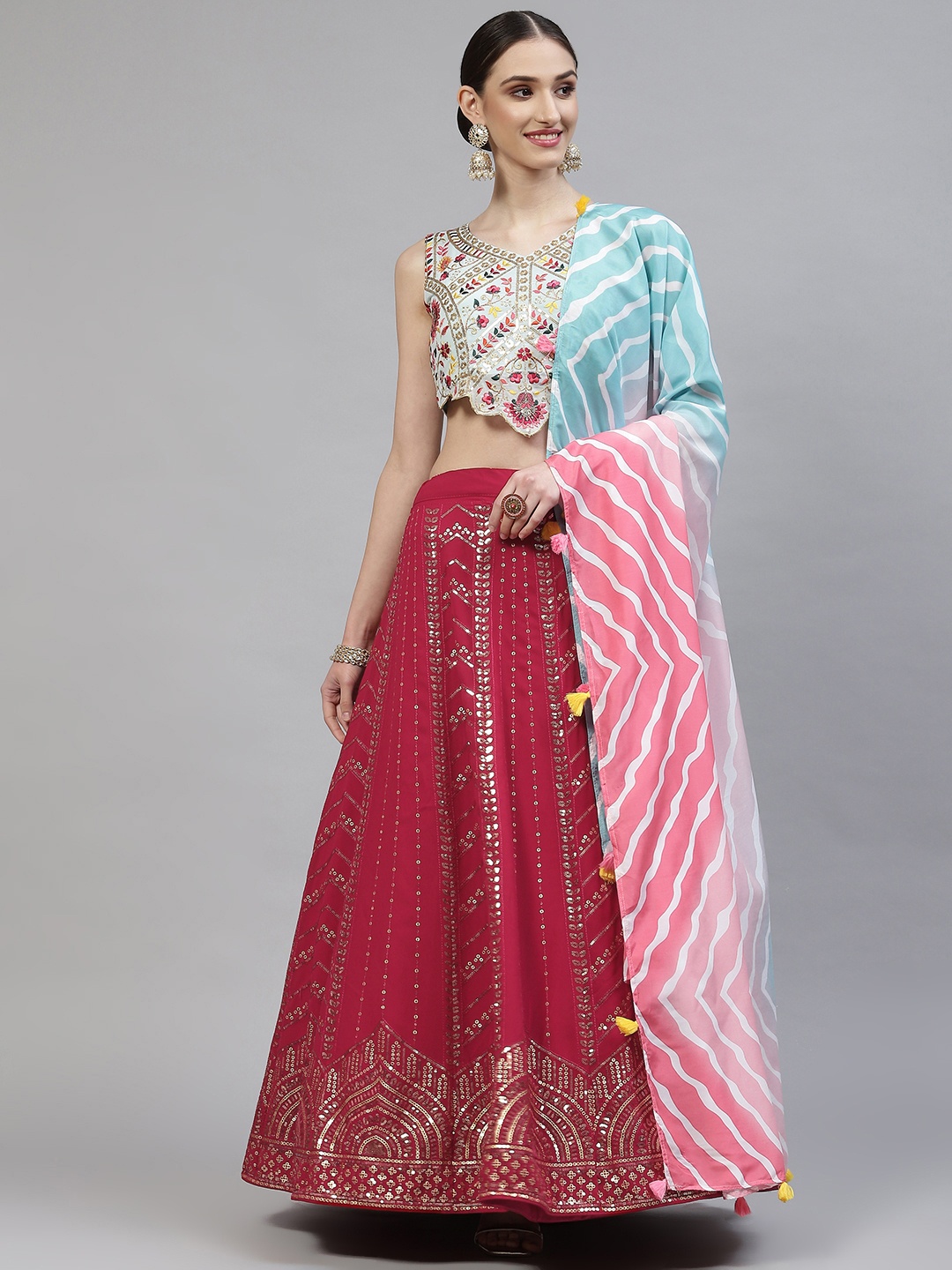 

SHUBHKALA Red Embroidered Semi-Stitched Lehenga & Blouse With Dupatta