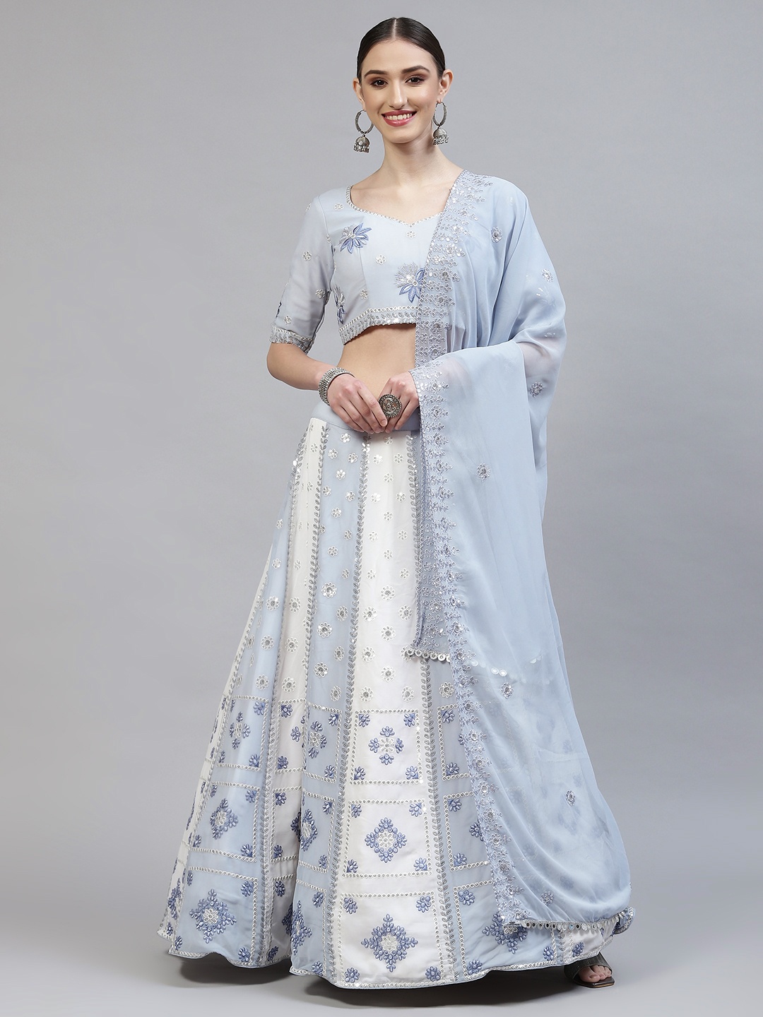 

SHUBHKALA Blue Embroidered Semi-Stitched Lehenga & Blouse With Dupatta