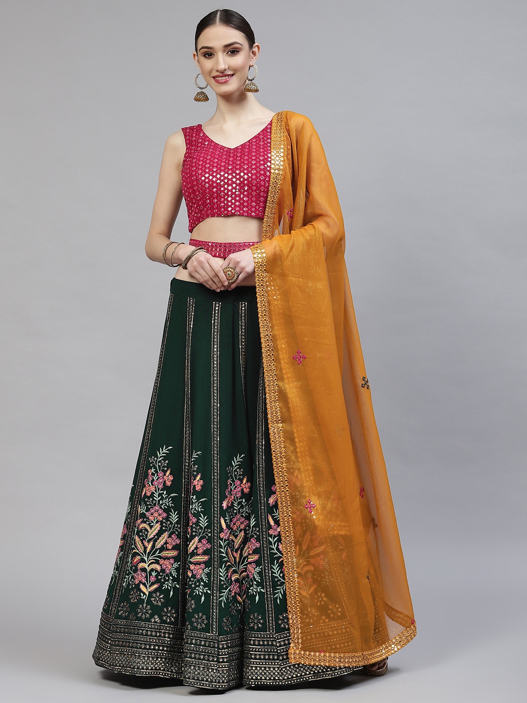 

SHUBHKALA Green Embroidered Semi-Stitched Lehenga & Blouse With Dupatta