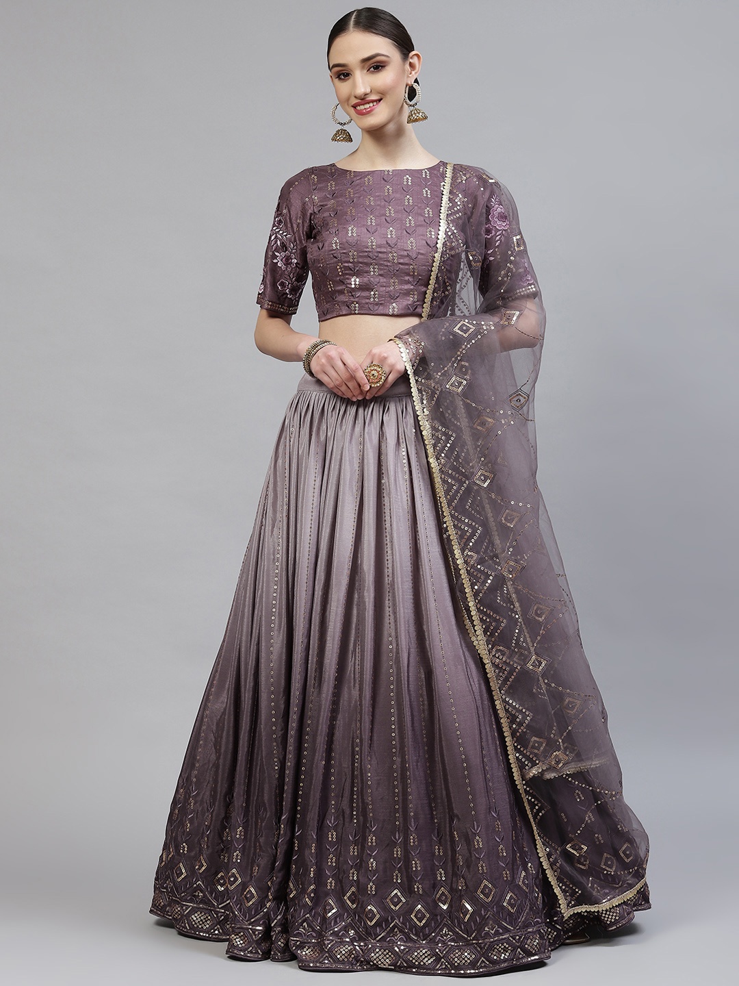 

SHUBHKALA Purple Embroidered Semi-Stitched Lehenga & Blouse With Dupatta