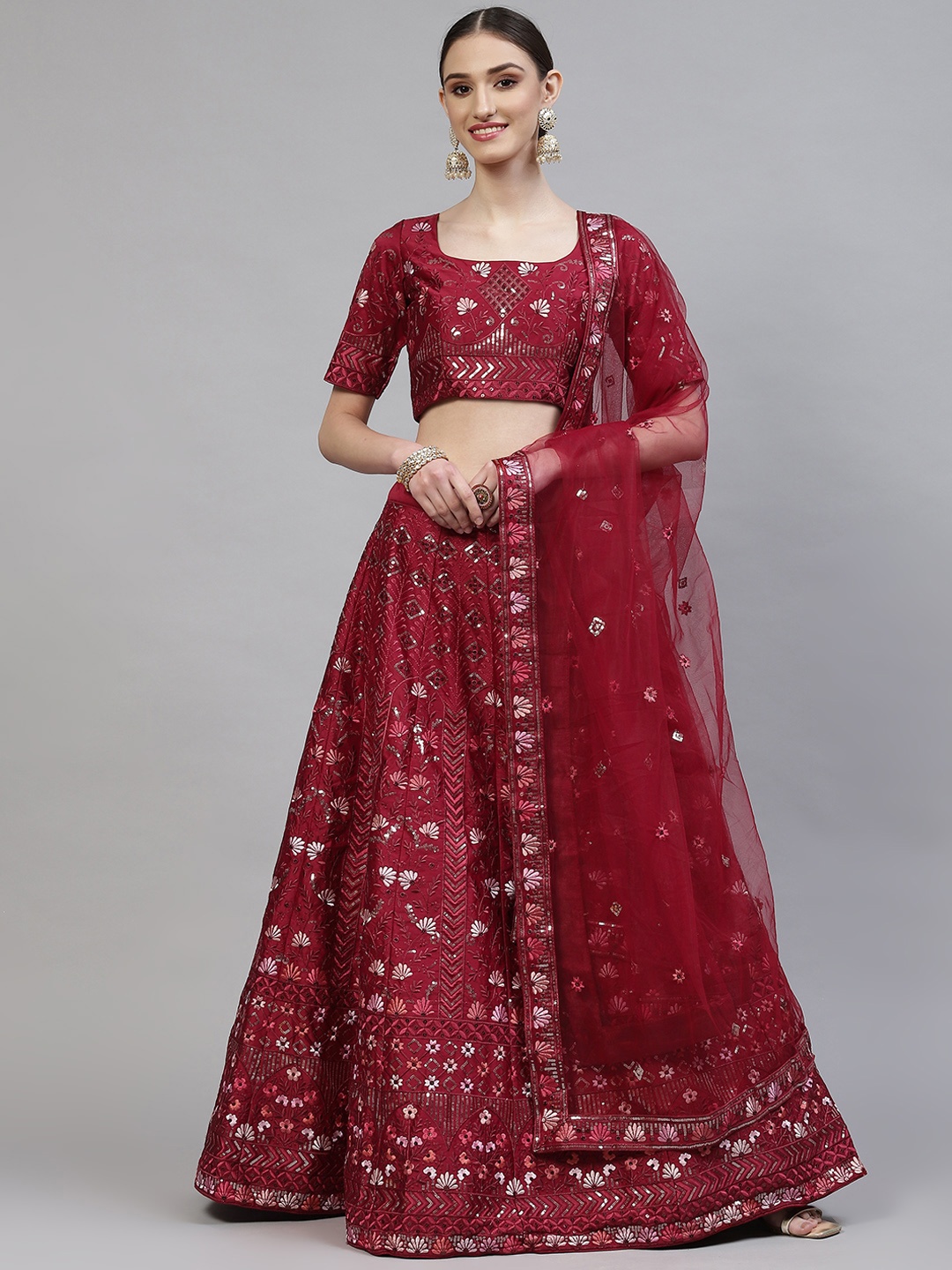 

SHUBHKALA Maroon Embroidered Semi-Stitched Lehenga & Blouse With Dupatta
