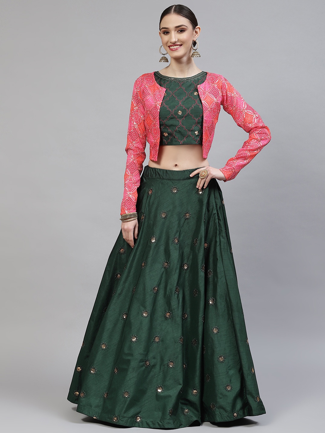 

SHUBHKALA Green & Pink Embroidered Sequinned Semi-Stitched Lehenga & Blouse with Jacket