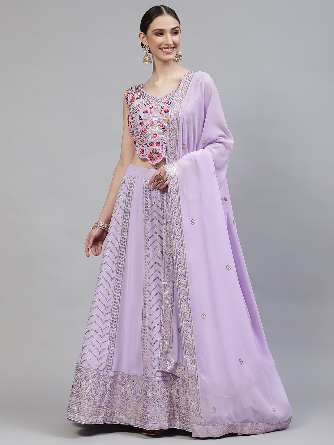 

SHUBHKALA Lavender Embroidered Semi-Stitched Lehenga & Blouse With Dupatta