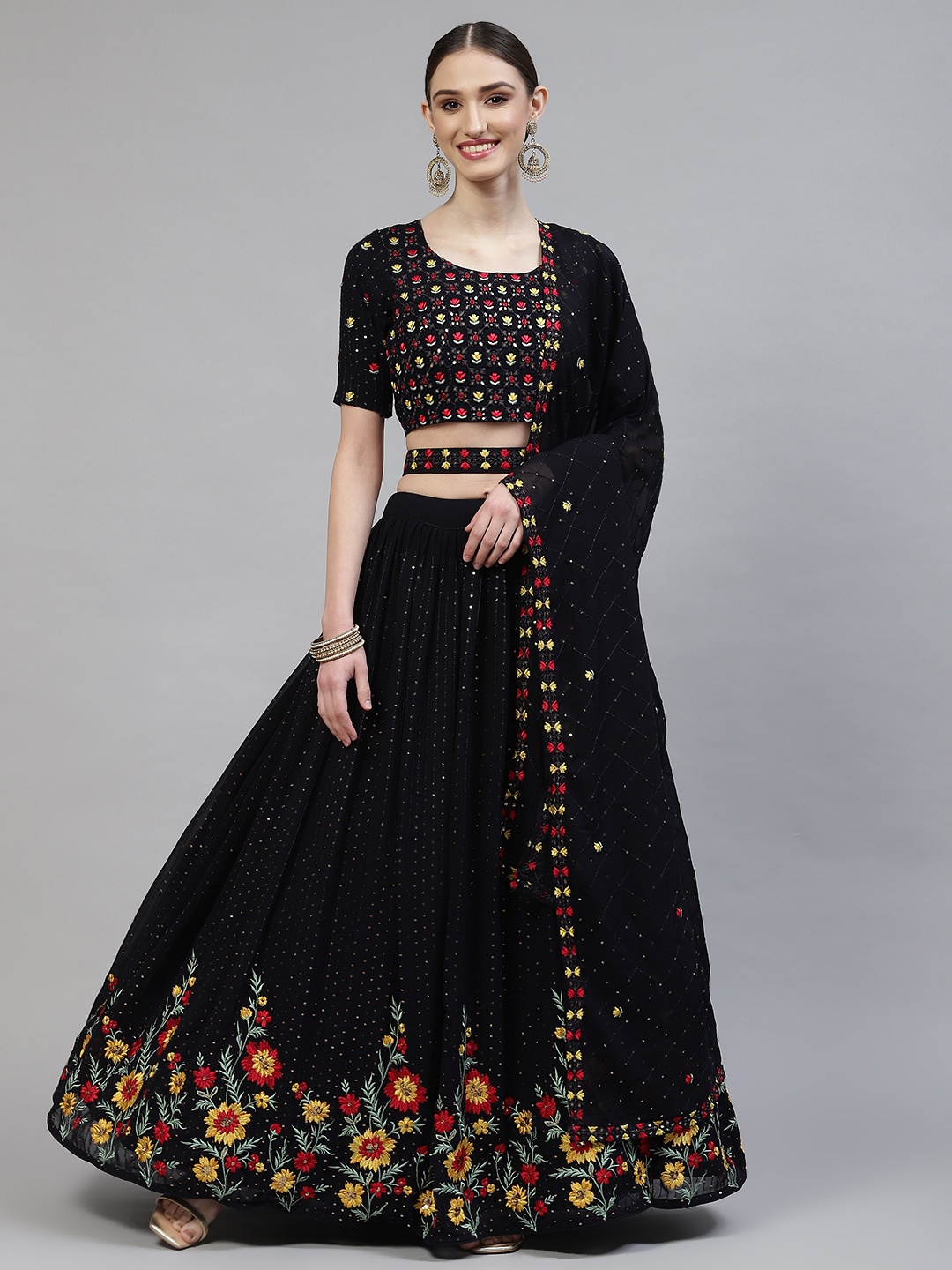 

SHUBHKALA Navy Blue Embroidered Semi-Stitched Lehenga & Blouse With Dupatta
