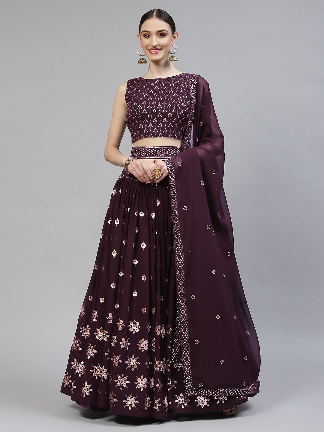 

SHUBHKALA Purple Embroidered Sequinned Semi-Stitched Lehenga & Blouse With Dupatta