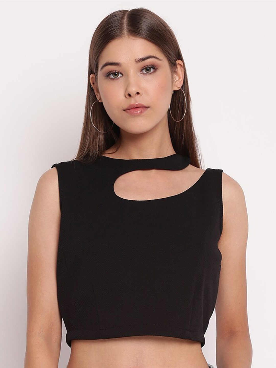 

AKIMIA Women Black Choker Neck Crop Top