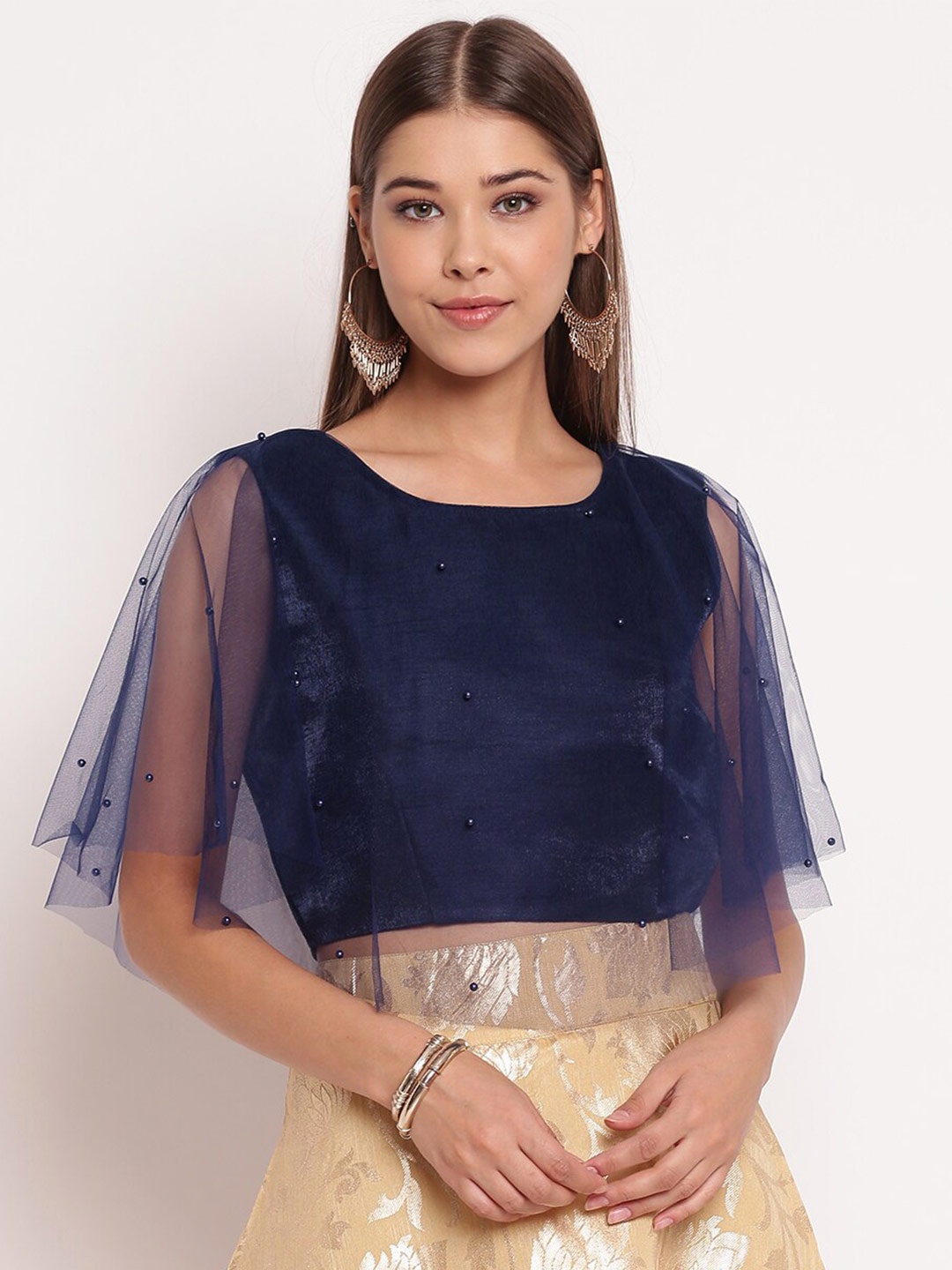

AKIMIA Women Navy Blue Embellished Sheen Crop Top