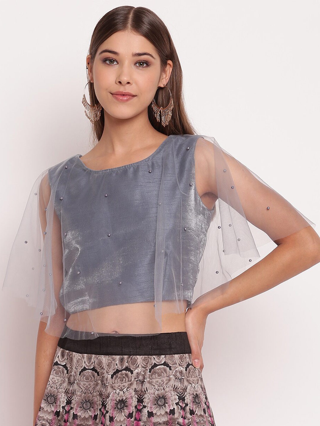 

AKIMIA Women Grey Embellished Sheen Crop Top