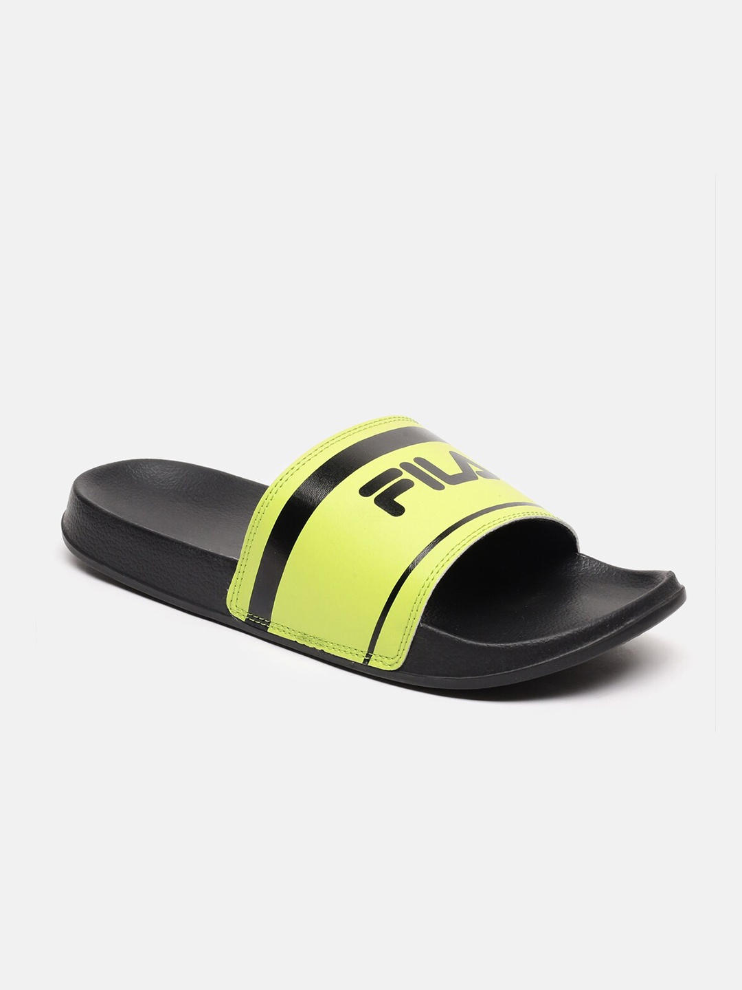 

FILA Men Black & Lime Green Printed Sliders