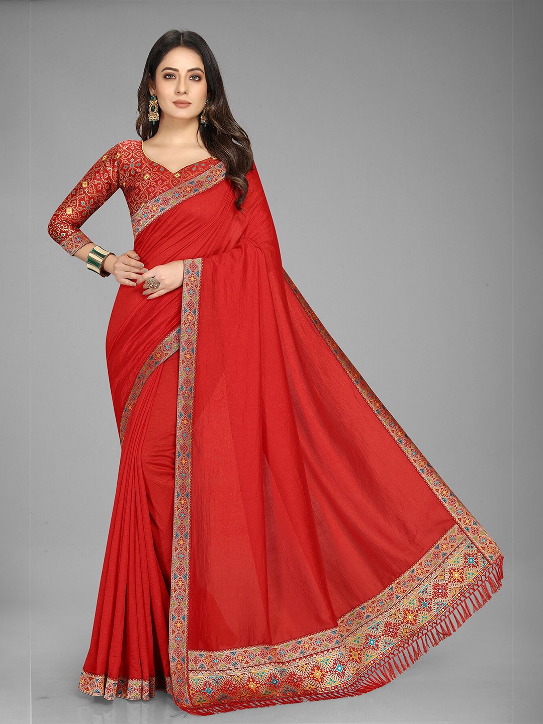 

Anjaneya Sarees Red & Gold-Toned Zari Silk Blend Saree