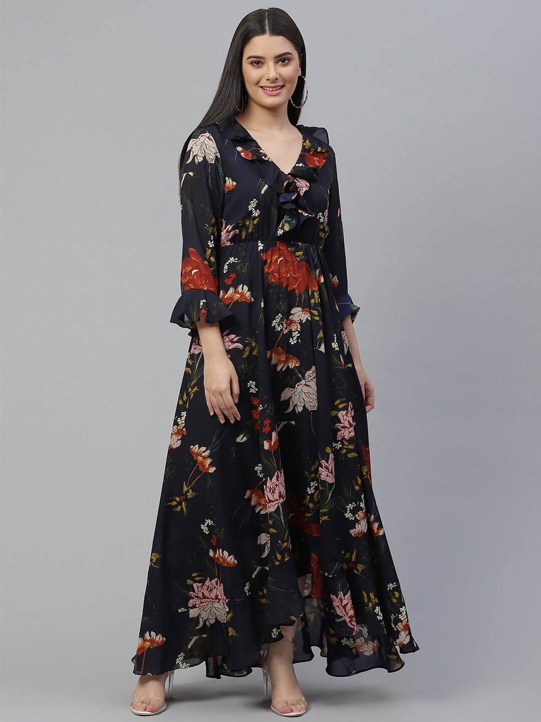 

JUNE & HARRY Navy Blue Floral Georgette Maxi Dress