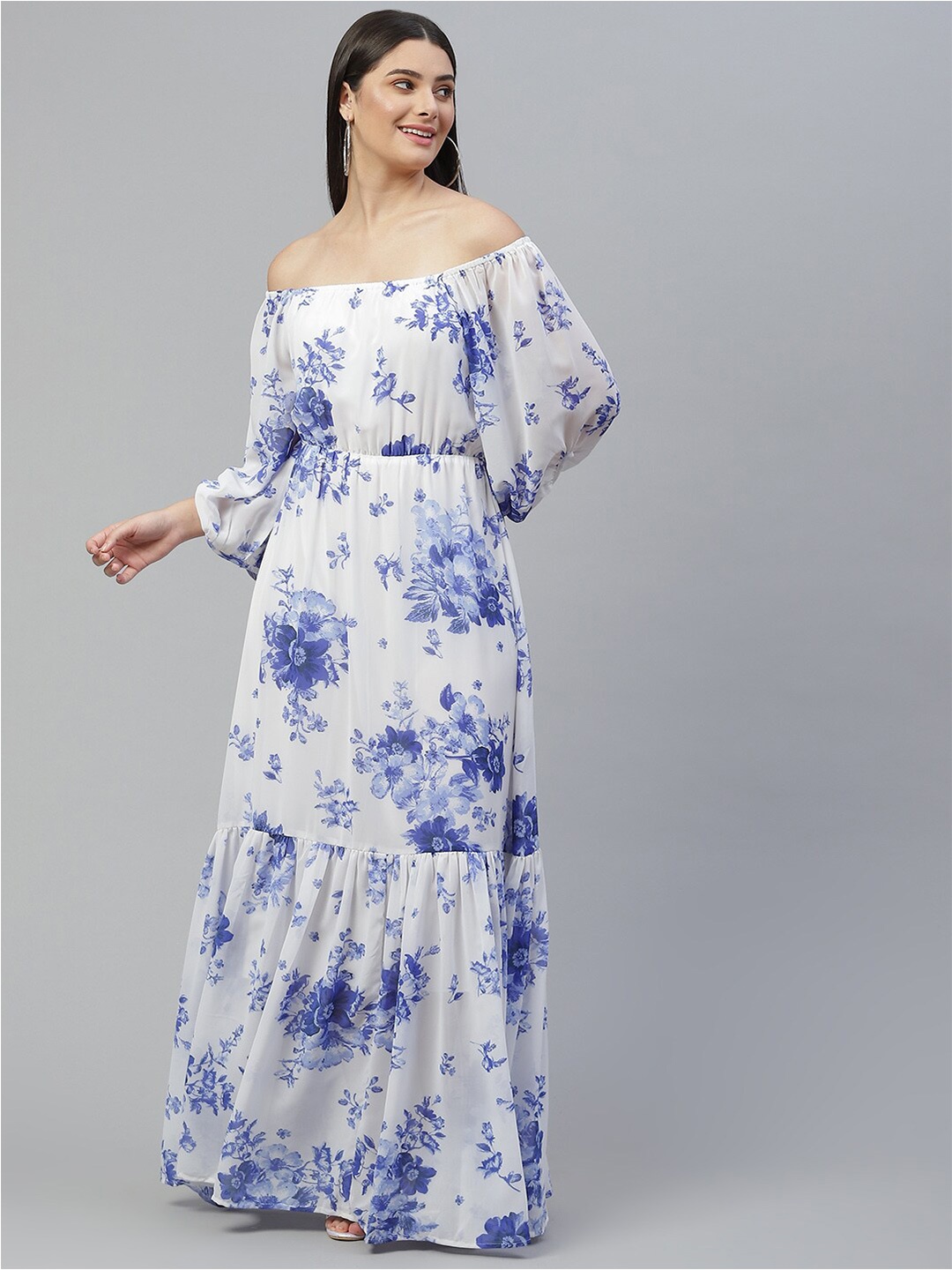 

JUNE & HARRY White & Blue Floral Dyed Off-Shoulder Georgette Maxi Dress