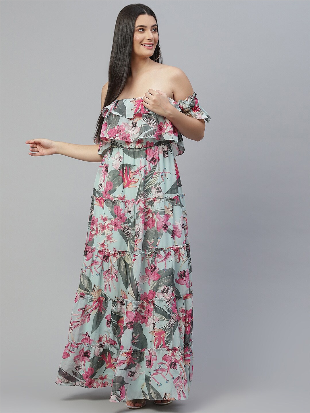 JUNE & HARRY Women Sea Green & Pink Floral Print Off-Shoulder Maxi Dress