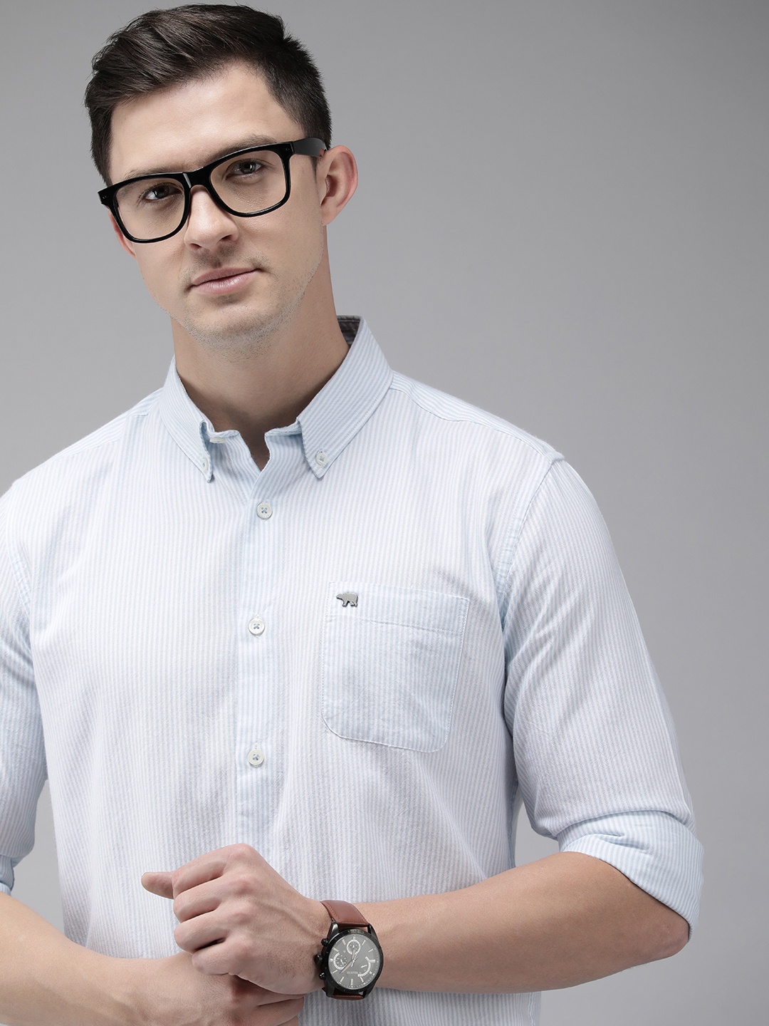 

THE BEAR HOUSE Men Blue Slim Fit Pinstripes Striped Casual Shirt