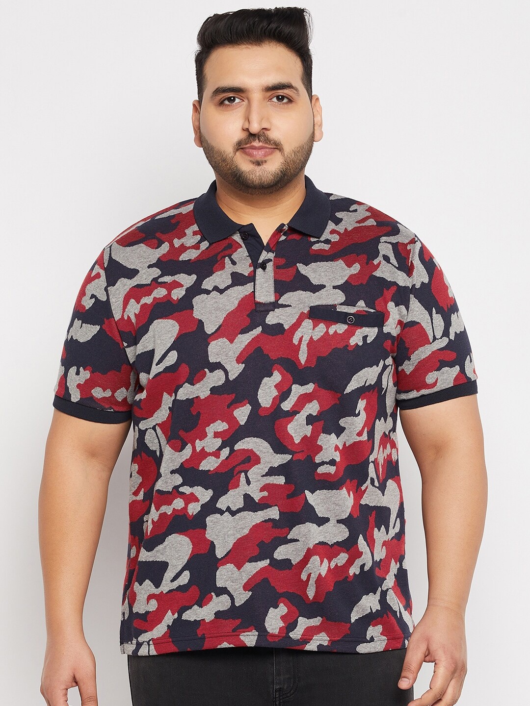 

AUSTIVO Men Navy Blue & Grey Camouflage Printed Polo Collar T-shirt