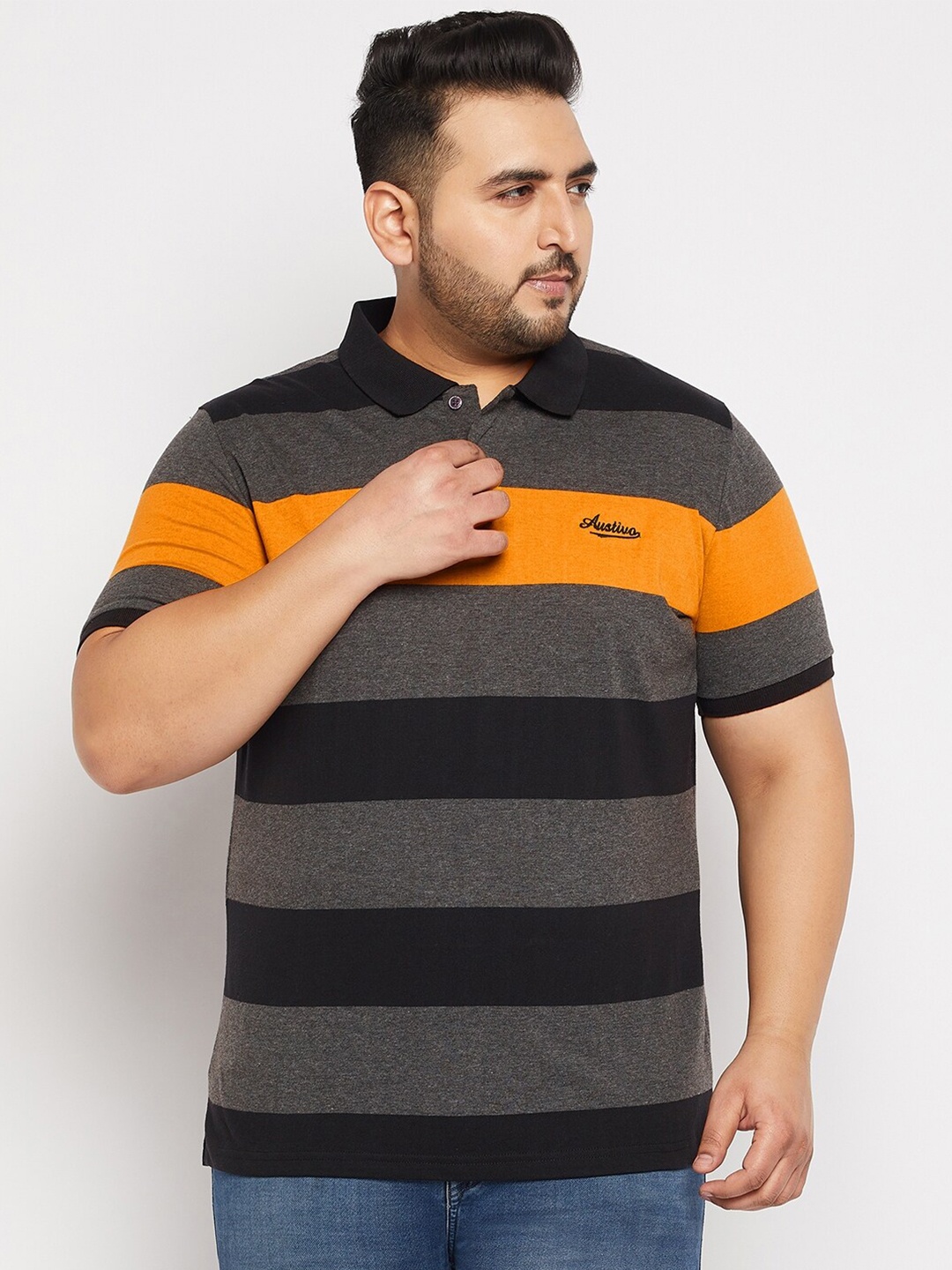 

AUSTIVO Men Plus Size Striped Polo Collar T-shirt, Black