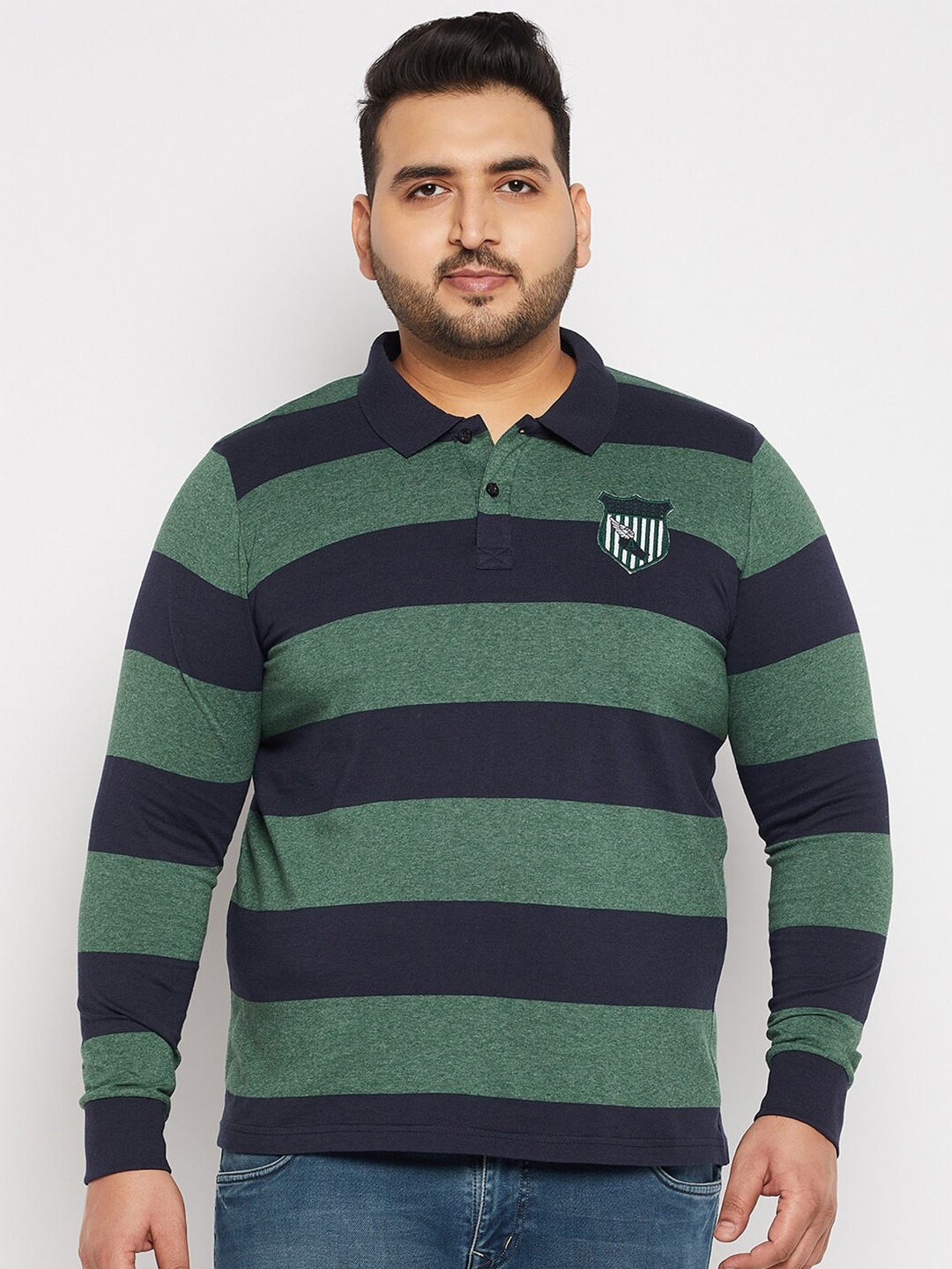 

AUSTIVO Men Green & Navy Blue Striped Polo Collar T-shirt