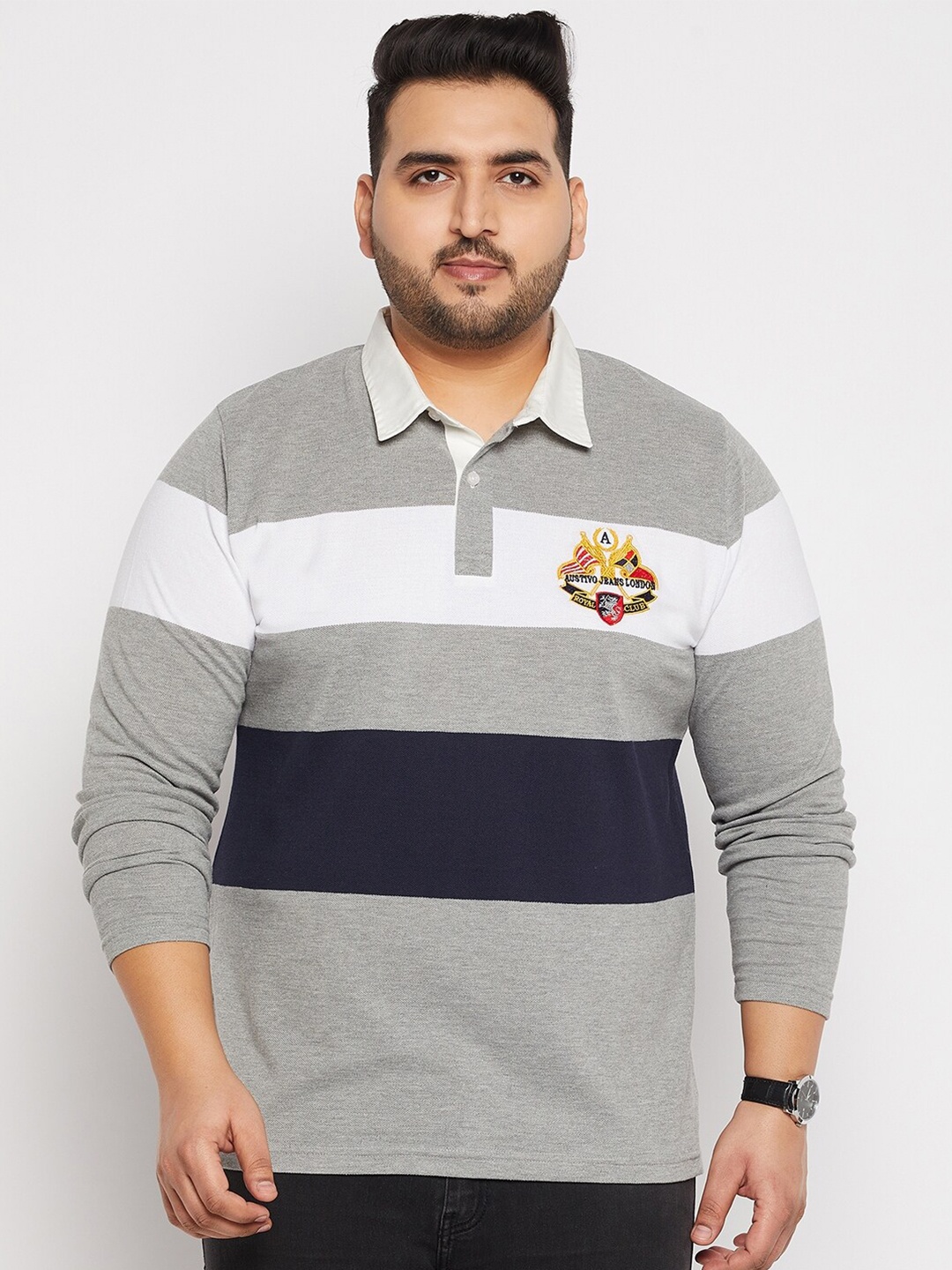 

AUSTIVO Men Grey & White Striped Polo Collar T-shirt