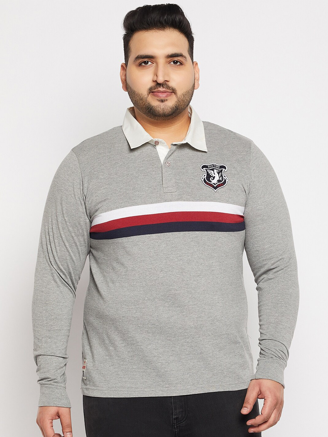 

AUSTIVO Men Grey & White Colourblocked Polo Collar T-shirt